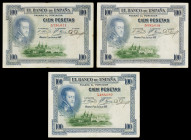 1925. 100 pesetas. (Ed. B127) (Ed. 344). 1 de julio, Felipe II. 3 billetes sin serie con sello en seco del GOBIERNO PROVISIONAL. BC/MBC-.