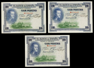 1925. 100 pesetas. (Ed. B127) (Ed. 344). 1 de julio, Felipe II. 3 billetes serie B con sello en seco del GOBIERNO PROVISIONAL. BC/BC+.