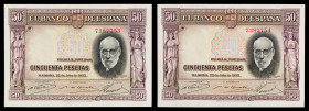 1935. 50 pesetas. (Ed. C17) (Ed. 366). 22 de julio, Ramón y Cajal. Pareja correlativa, sin serie. Doblez central. EBC-/EBC.