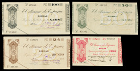 1936. Bilbao. 5, 25, 50 y 100 pesetas. (Ed. C19Ac, C20h, C21c y C22b) (Ed. 368Ac, 369j, 370c y 371b). Serie de 4 billetes, tres antefirmas diferentes....