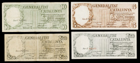 1936. Generalitat de Catalunya. 2,50 (rojo y negro), 5 y 10 pesetas. (Ed. C23, C23a, C24 y C25) (Ed. 372, 372a, 374 y 375). 25 de septiembre. 4 billet...