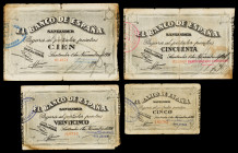 1936. Santander. 5, 25, 50 y 100 pesetas. (Ed. C26d, C28d, C29c y C30b) (Ed. 375f, 377f, 378c y 379b). 1 de noviembre. 4 billetes, serie completa a fa...
