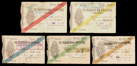 1936. Gijón. 5, 10, 25, 50 y 100 pesetas. (Ed. C31 a C35) (Ed. 380 a 384). 5 de noviembre. 5 billetes, serie completa. Todos con tampón VENCIMIENTO PR...