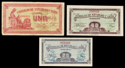 1937. Asturias y León. 25, 40 céntimos, 1 peseta. (Ed. C45, C46 y C48) (Ed. 394, 395 y 397). 3 billetes. MBC-/S/C-.