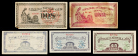 Asturias y León. 25, 40, 50 céntimos, 1 y 2 pesetas. (Ed. C45 a C49) (Ed. 394 a 398). 5 billetes, serie completa. BC/S/C-.