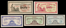 Asturias y León. 25, 40, 50 céntimos, 1 y 2 pesetas. (Ed. C45 a C49) (Ed. 394 a 398). 5 billetes, serie completa. EBC-/EBC+.