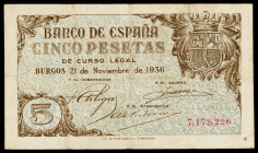 1936. Burgos. 5 pesetas. (Ed. D18) (Ed. 417). 21 de noviembre. Raro. BC+.