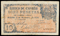 1936. Burgos. 10 pesetas. (Ed. D19) (Ed. 418). 21 de noviembre. Raro. BC.