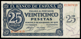 1936. Burgos. 25 pesetas. (Ed. D20a) (Ed. 419a). 21 de noviembre. Serie C. MBC+.