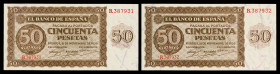 1936. Burgos. 50 pesetas. (Ed. D21a) (Ed. 420a). 21 de noviembre. Pareja correlativa, serie R. Esquinas rozadas. Raros. S/C-.