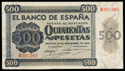 1936. Burgos. 500 pesetas. (Ed. D23a) (Ed. 422a). 21 de noviembre, serie B. Raro. MBC.