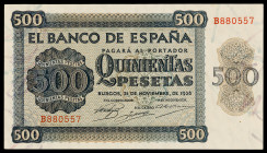 1936. Burgos. 500 pesetas. (Ed. D23a) (Ed. 422a). 21 de noviembre. Serie B. Doblez central y en esquina inferior izquierda. Raro. MBC+.