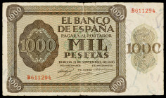 1936. Burgos. 1000 pesetas. (Ed. D24a) (Ed. 423a). 21 de noviembre. Serie B. Raro. BC+.