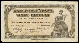 1937. Burgos. 5 pesetas. (Ed. D25a) (Ed. 424). 18 de julio. Serie C. Rotura. Escaso. (BC).
