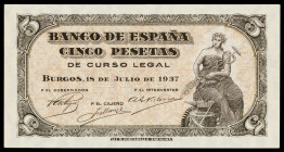 1937. Burgos. 5 pesetas. (Ed. D25a) (Ed. 424a). 18 de julio. Serie C. Doblez central. Escaso. EBC-.