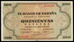 1938. Burgos. 500 pesetas. (Ed. D34) (Ed. 433). 20 de mayo. Dobleces. Tres puntos de aguja. Raro. MBC-.