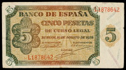 1938. Burgos. 5 pesetas. (Ed. D36a) (Ed. 435a). 10 de agosto. Serie L. Dobleces. BC+.