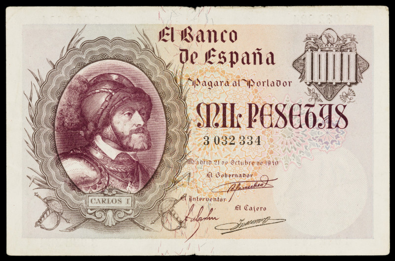 1940. 1000 pesetas. (Ed. D46) (Ed. 445). 21 de octubre, Carlos I. Puntos de aguj...