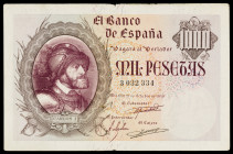 1940. 1000 pesetas. (Ed. D46) (Ed. 445). 21 de octubre, Carlos I. Puntos de aguja. Raro. MBC-.