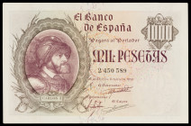 1940. 1000 pesetas. (Ed. D46) (Ed. 445). 21 de octubre, Carlos I. Doblez central. Descolorido. Raro. (MBC+).
