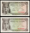 1943. 5 pesetas. (Ed. D47a) (Ed. 446a). 13 de febrero, Isabel la Católica. 2 billetes, series C y G. EBC-/EBC.