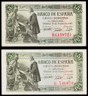 1945. 5 pesetas. (Ed. D50a) (Ed. 449a). 15 de junio, Isabel y Colón. 2 billetes, serie E. Manchitas. EBC-.