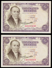 1946. 25 pesetas. (Ed. D51a) (Ed. 450a). 19 de febrero, Flórez Estrada. Pareja correlativa, serie I. Leves manchitas. EBC+.