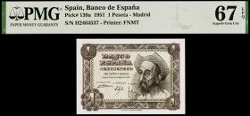 1951. 1 peseta. (Ed. D62a) (Ed. 461a). 19 de noviembre, Don Quijote. Serie H. Certificado por la PMG como 67 EPQ Superb Gem Unc, nº 1911341-128. S/C.