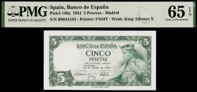 1954. 5 pesetas. (Ed. D67a) (Ed. 466a). 22 de julio, Alfonso X. Serie B. Certificado por la PMG como 65 EPQ Gem Uncirculated, nº 1911341-052. S/C.