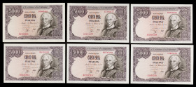 1976. 5000 pesetas. (Ed. E1a) (Ed. 475a). 6 de febrero, Carlos III. 6 billetes, series D, G, H (tres) e I. MBC-/MBC.