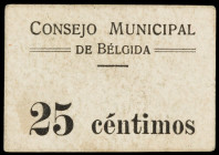 Bélgida (Valencia). Consejo Municipal. 25 céntimos. (T. 264) (KG. falta) (RGH. 954). Cartón. Muy raro. MBC+.