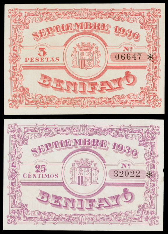 Benifayó (Valencia). Consejo Municipal. 25 céntimos y 5 pesetas. (T. 354b y falt...