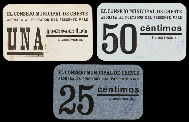Cheste (Valencia). Consejo Municipal. 25, 50 céntimos y 1 peseta. (T. 664b var, ...