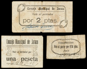 Jaraco (Valencia). Consejo Municipal. 50 céntimos, 1 y 2 pesetas. (T. 845 var a 847) (KG. falta) (RGH. 3011, sin imagen, 3012b y 3013 var). 3 billetes...
