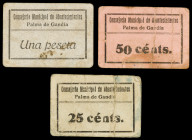 Palma de Gandía (Valencia). Consejería Municipal de Abastecimientos. 25, 50 céntimos y 1 peseta. (T. falta) (KG. falta) (RGH. falta). 3 cartones. Muy ...