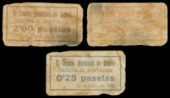 Señera (Valencia). Consejo Municipal. 25 céntimos, 1 y 2 pesetas. (T. 1332, 1333 y 1335) (KG. falta) (RGH. 4828, 4830 y 4831). 3 cartones. Rarísimos. ...
