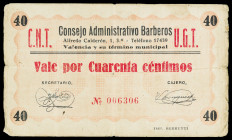 Valencia. Consejo Administrativo de Barberos. CNT-UGT. 40 céntimos. (T. falta) (KG. 765b) (RGH. 5312). BC+.