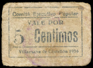 Villanueva de Castellón (Valencia). Comité Ejecutivo Popular. 5 céntimos. (T. 1504 var) (KG. 804) (RGH. 5607 var). Cartón, sin acento en céntimos. Rar...