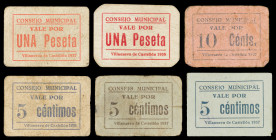 Villanueva de Castellón (Valencia). Consejo Municipal. 5 (tres), 10 céntimos y 1 peseta (dos). (T. 1505, 1505 var, 1508, 1509 y 1512) (KG. 805) (RGH. ...