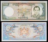 Bhután. s/d (1981). Gobierno Real y Real Autoridad Monetaria. 1 y 100 ngultrum. (Pick 5 y 25). 2 billetes. S/C.