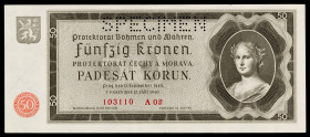 Bohemia & Moravia. 1940. Protectorado. 50 coronas. (Pick 5s). 12 de septiembre. SPECIMEN en taladros. Una esquina rozada. S/C-.