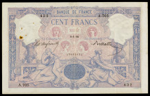 Francia. 1890. Banco de Francia. 100 francos. (Pick 65b). 8 de enero. Firmas: V. d'Aufreville y Billotte. Quemaduras, pliegues y manchitas. Raro. BC+.