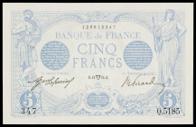 Francia. 1915. Banco de Francia. 5 francos. (Pick 70). 13 de abril. Pliegue central, puntos de aguja y ondulaciones del papel. Escaso. EBC-.