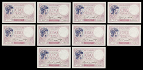 Francia. 1933. Banco de Francia. 5 francos. (Pick 72e). 1 de junio. Firmas: J. Boyer y P. Strohl. 10 billetes correlativos. MBC/EBC.