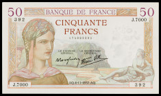 Francia. 1937. Banco de Francia. 50 francos. (Pick 85b). 4 de noviembre. Firmas: P. Rousseau y R. Favre-Gilly. Tres puntos de aguja y pliegues vertica...