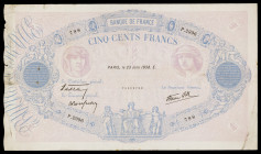 Francia. 1938. Banco de Francia. 500 francos. (Pick 88c). 23 de junio. Firmas: H. de Bletterie, P. Rousseau y R. Favre-Gilly. Pliegues, manchitas y pu...
