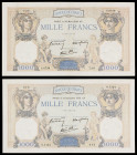 Francia. 1939. Banco de Francia. 1000 francos. (Pick 90c). 2 billetes con fechas distintas. Firmas: H. de Bletterie, P. Rousseau y R. Favre-Gilly. Pli...
