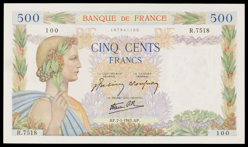 Francia. 1943. Banco de Francia. 500 francos. (Pick 95b). 7 de enero. Firmas: J....