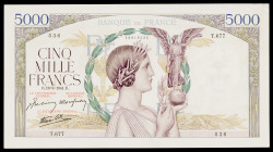 Francia. 1941. Banco de Francia. 5000 francos. (Pick 97c). 18 de septiembre. Firmas: J. Belin, P. Rousseau y R. Favre-Gilly. Puntos de aguja, esquina ...