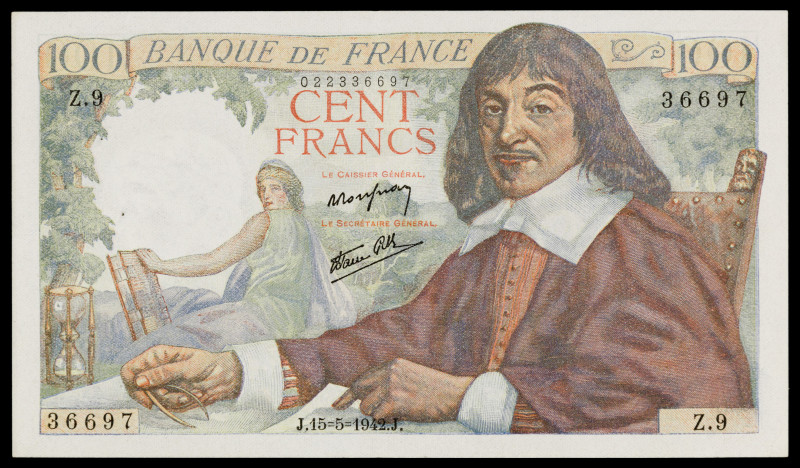 Francia. 1942. Banco de Francia. 100 francos. (Pick 101a). 15 de mayo, Descartes...